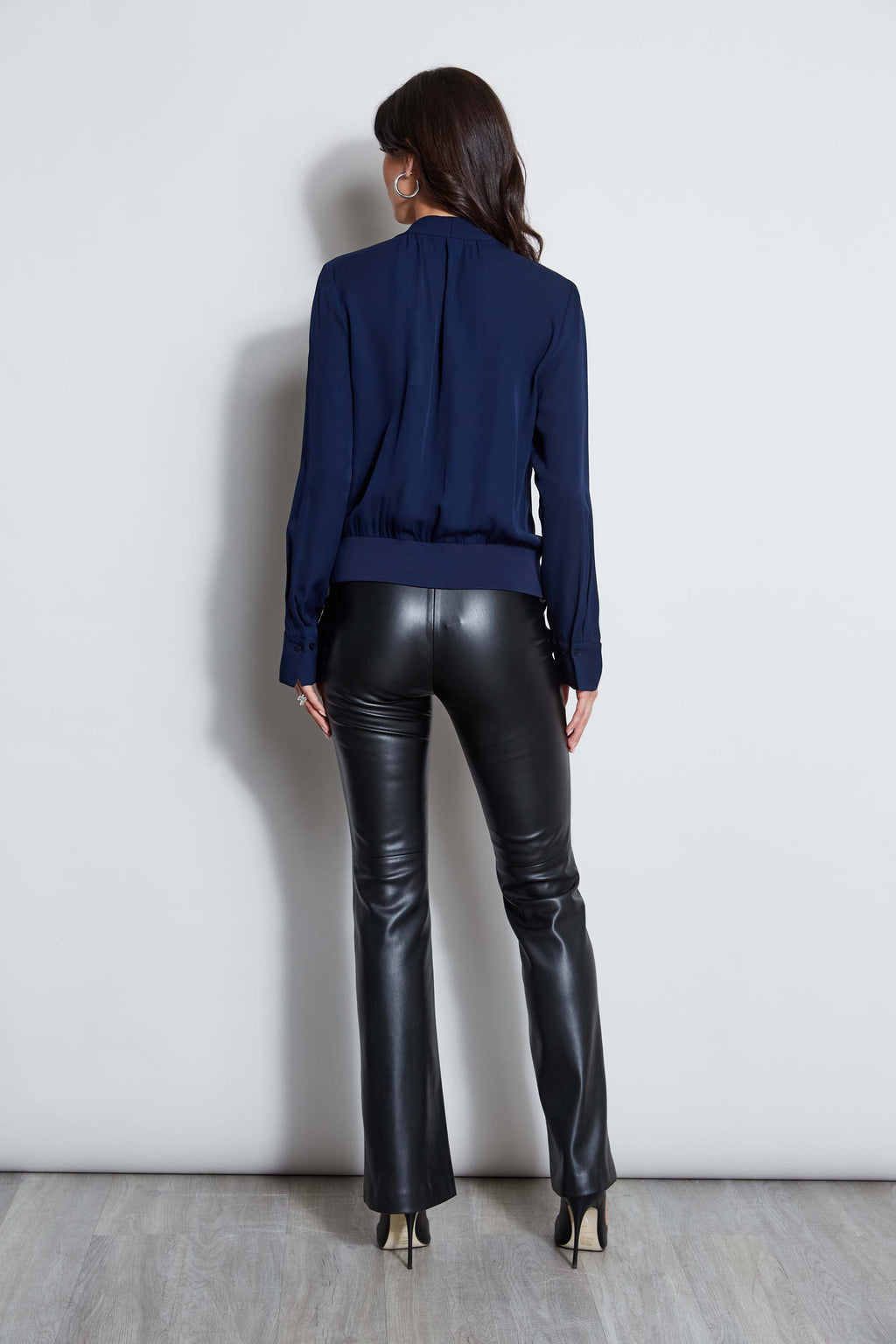 Women Silk Contour Neck Rib Trim Shirt | Elie Tahari