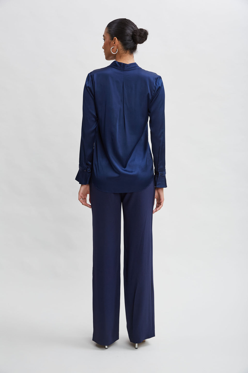 Women Silk Satin Contour Neck Ruffle Cuff Shirt | Elie Tahari