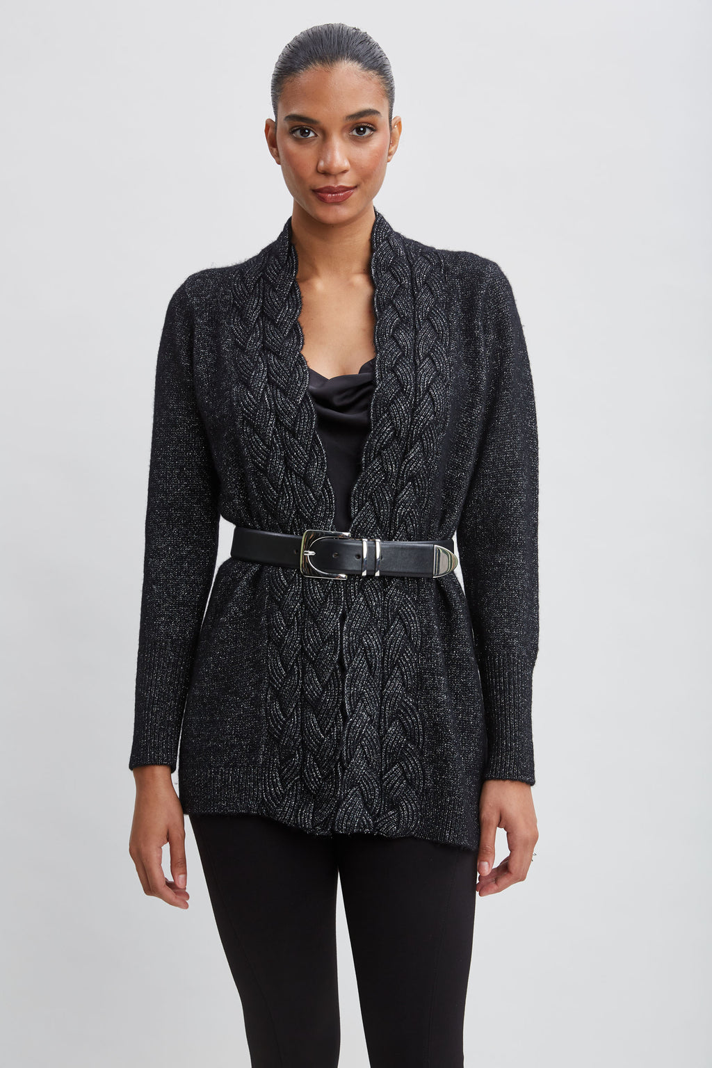 Women Metallic Cable Cardigan | Elie Tahari