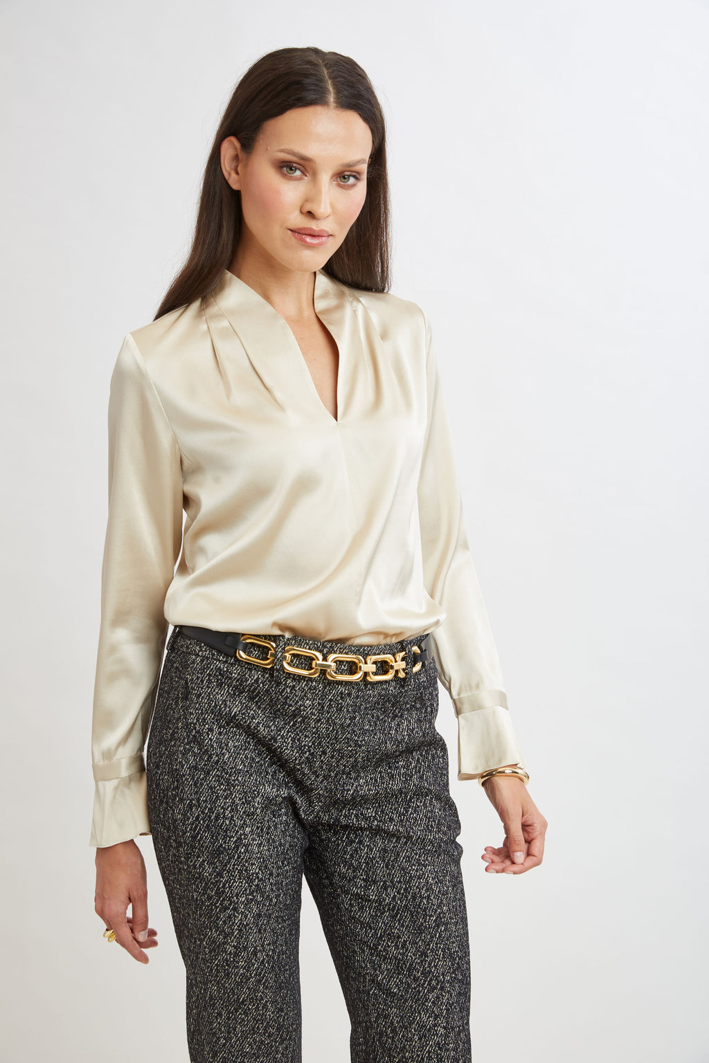 Women Silk Satin Contour Neck Ruffle Cuff Shirt | Elie Tahari
