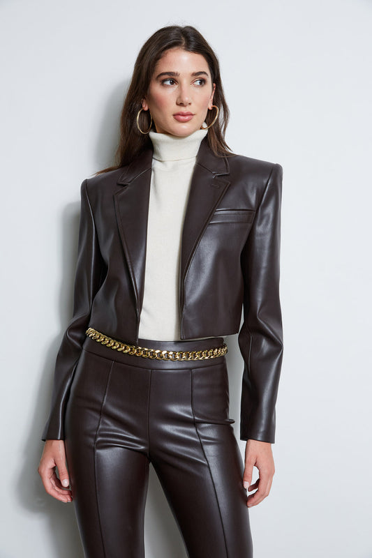 Women Cropped Vegan Leather Jacket Espresso | Elie Tahari