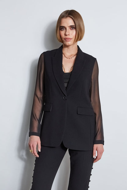 Women Chiffon Combo Crepe Blazer Black | Elie Tahari