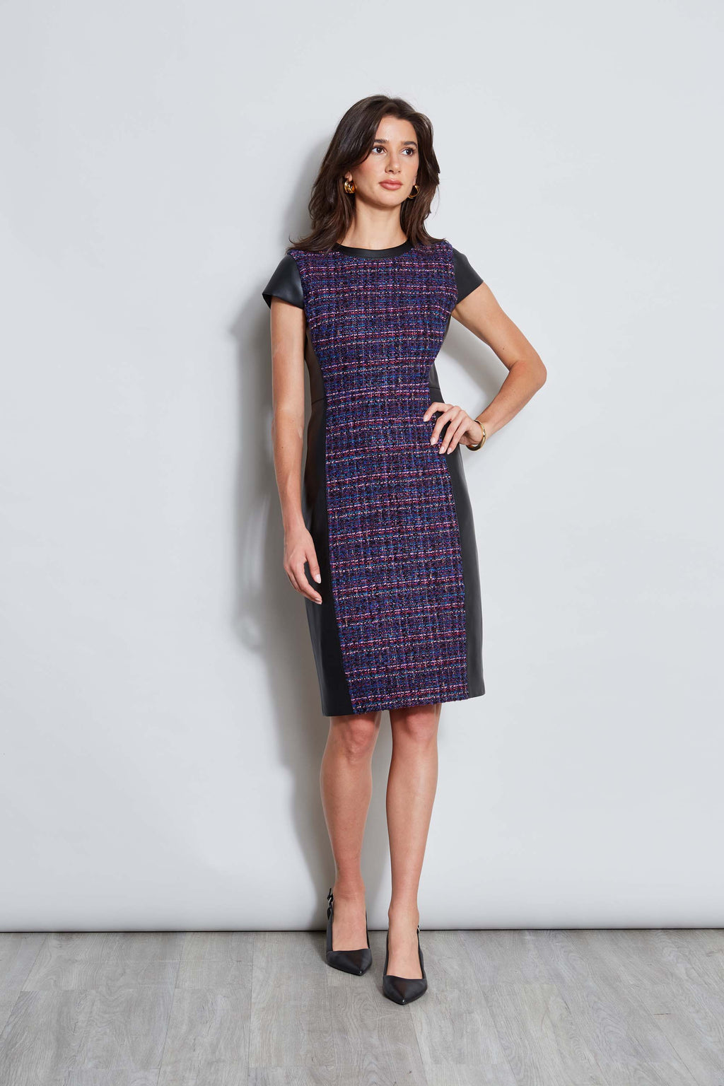 Women Tweed Vegan Leather Panel Dress Multi | Elie Tahari