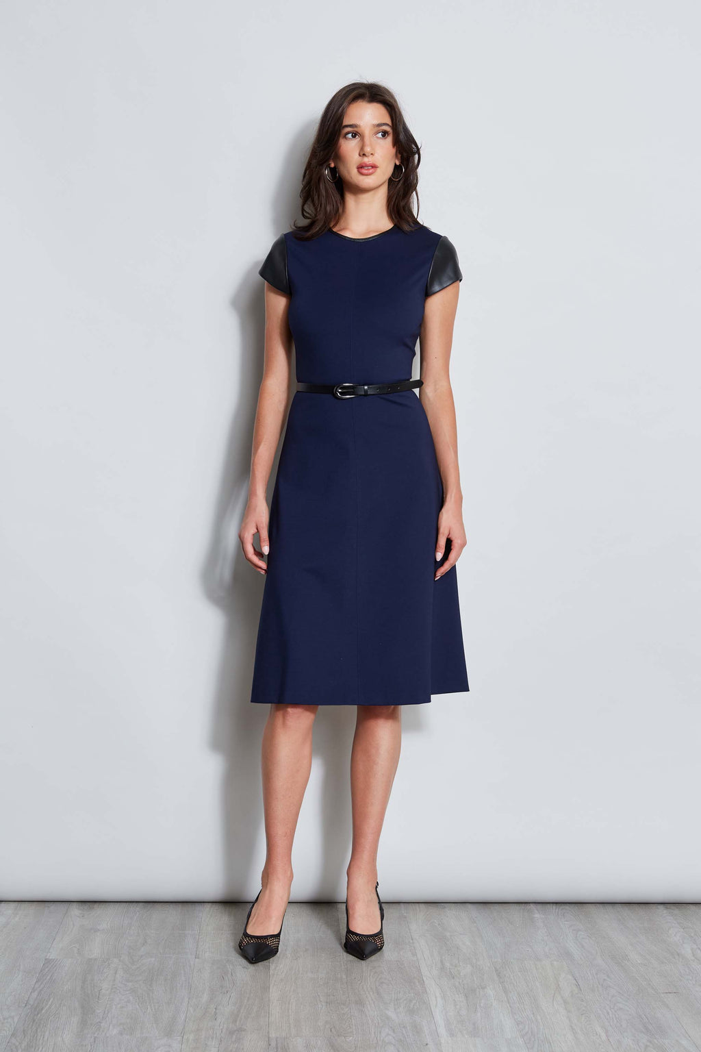 Women Vegan Leather Short Sleeve Belted Knit Dress Galaxy Navy | Elie Tahari