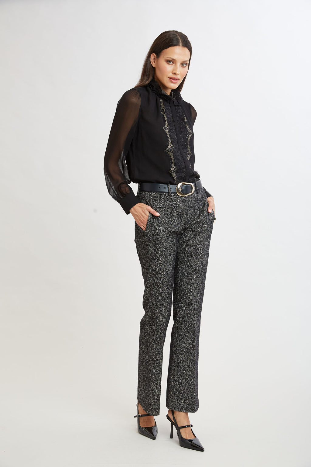Women Metallic Lace Trim Silk Shirt  | Elie Tahari