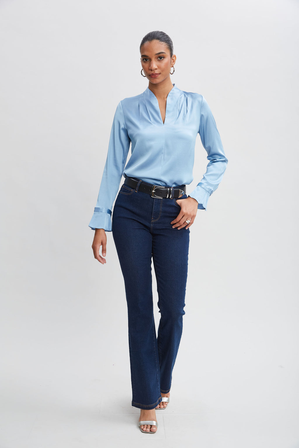 Women Silk Satin Contour Neck Ruffle Cuff Shirt  | Elie Tahari