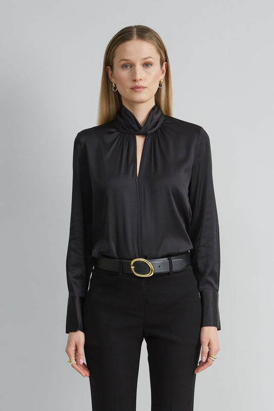 Women Silk Twist Neck Shirt Black | Elie Tahari