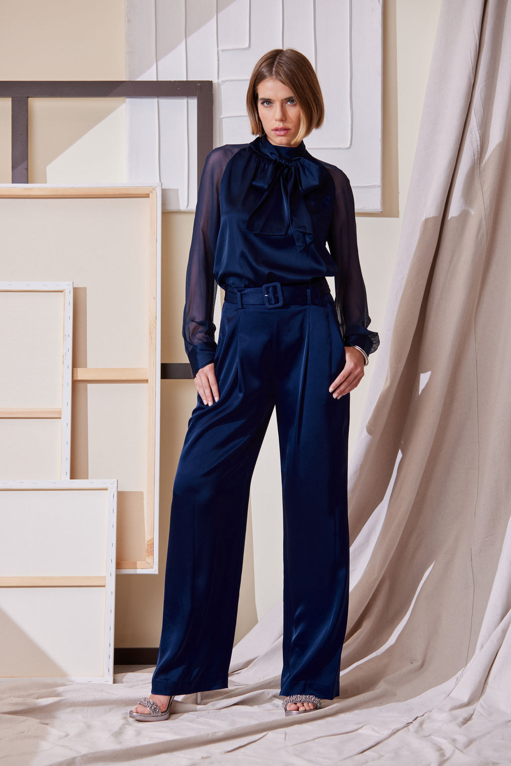 Women Chiffon Sleeve Silk Satin Tie Shirt Midnight | Elie Tahari