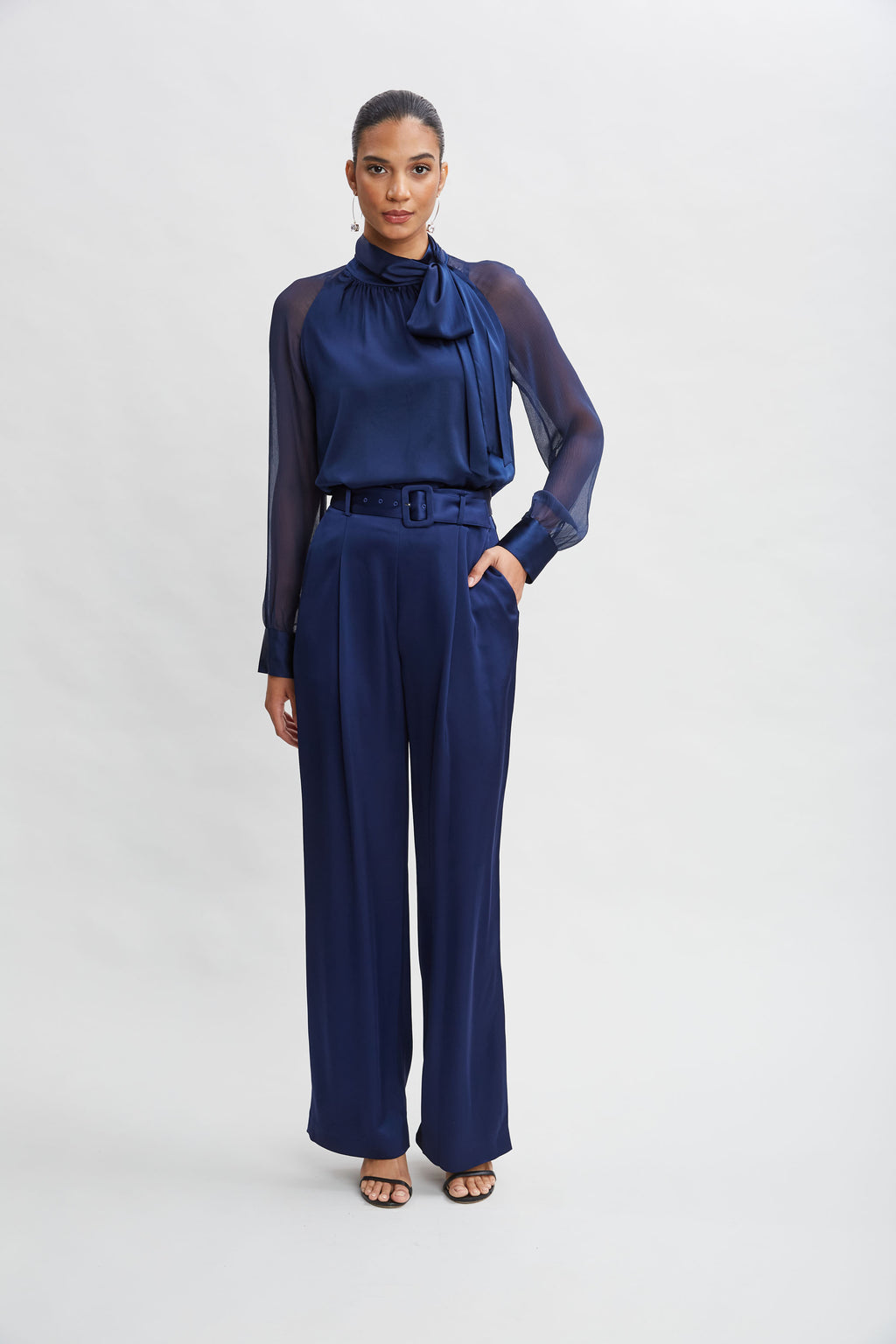 Women Chiffon Sleeve Silk Satin Tie Shirt Midnight | Elie Tahari