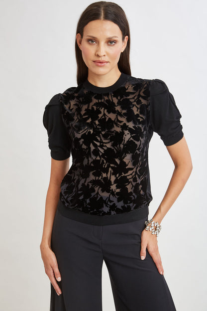 Women Burnout Velvet Short Sleeve Sweater Black | Elie Tahari