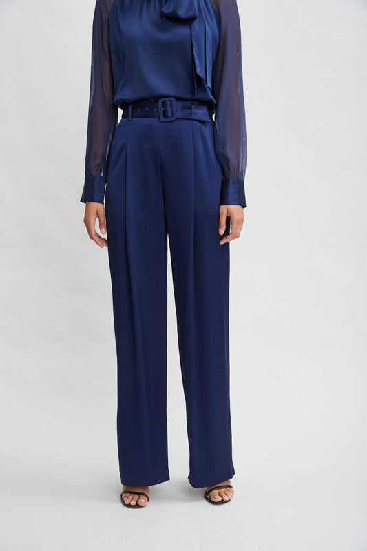 Women Belted Satin Pleated Pant Midnight | Elie Tahari