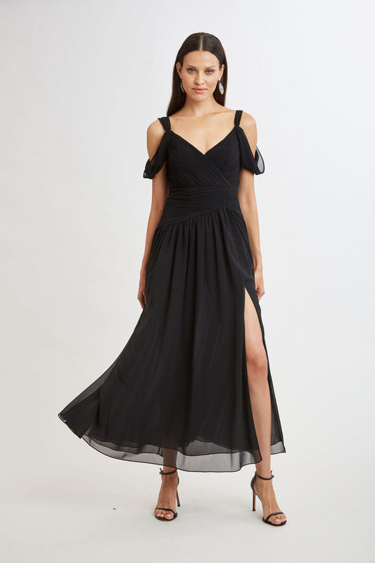 Women Georgette Cold Shoulder Gown Black | Elie Tahari