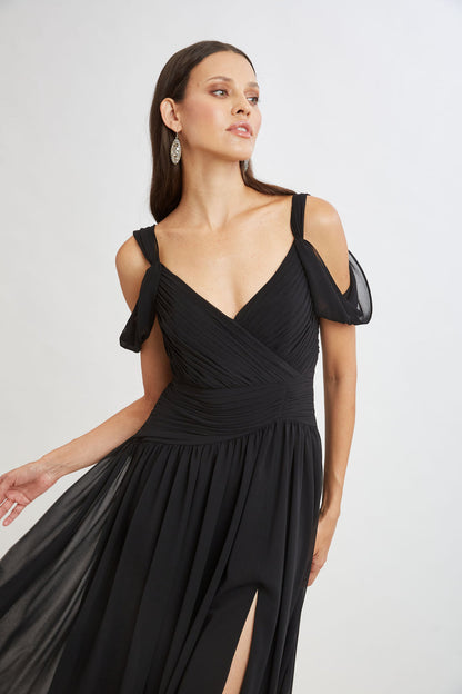 Women Georgette Cold Shoulder Gown Black | Elie Tahari