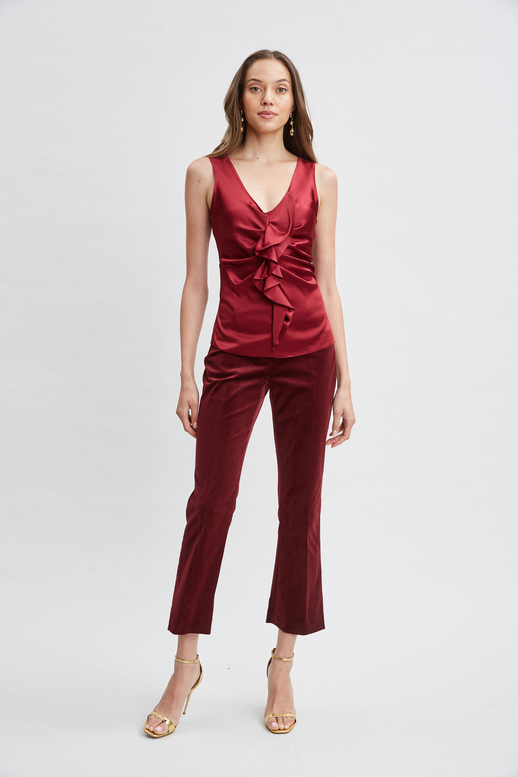 Women Silk Satin Sleeveless Ruffle Top Sangria | Elie Tahari
