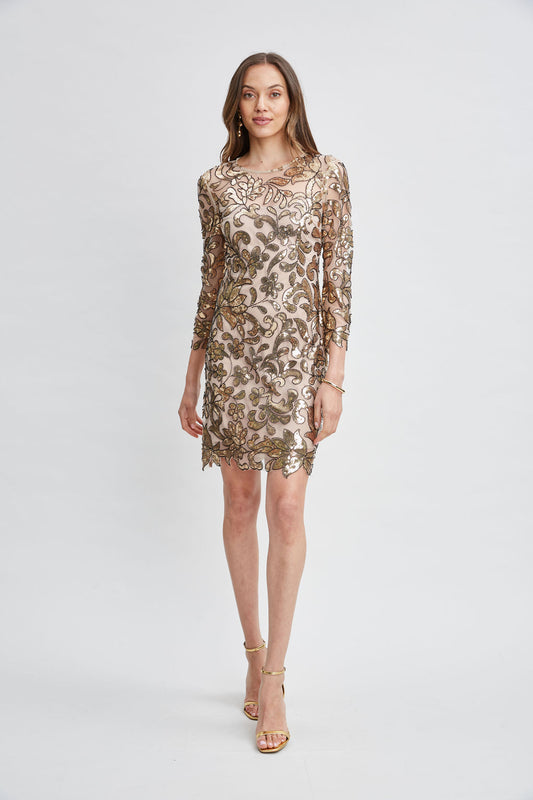 Women Floral Sequin Long Sleeve Dress Antique Gold | Elie Tahari