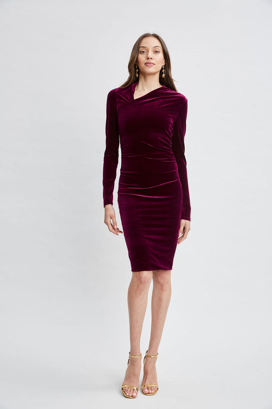 Women Asymmetric Ruched Velvet Dress Burgundy | Elie Tahari