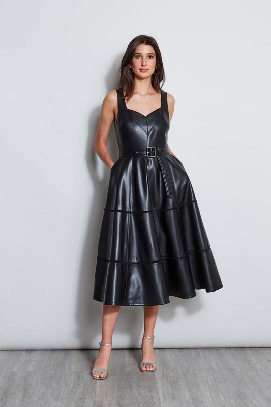 Women Vegan Leather Fit & Flare Dress Noir | Elie Tahari