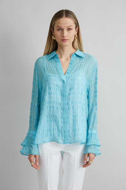 Women Silk Plaid Jacquard Shirt Aquamarine | Elie Tahari