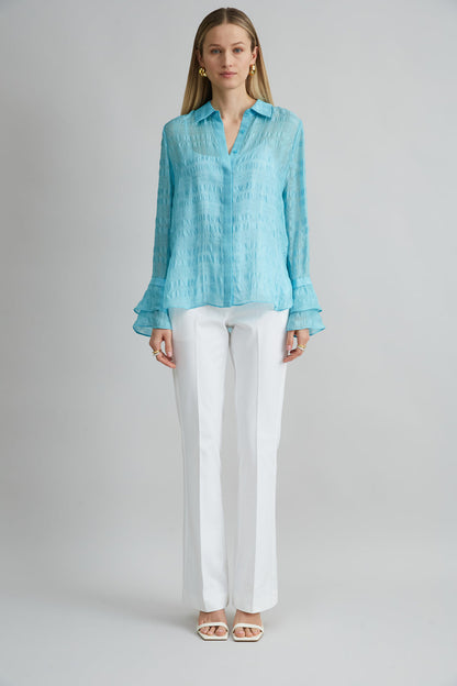 Women Silk Plaid Jacquard Shirt Aquamarine | Elie Tahari