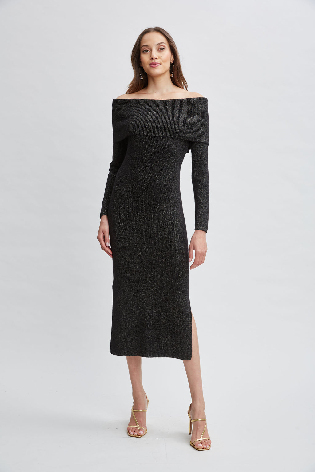 Women Metallic Cashmere Off Shoulder Dress Noir Lurex | Elie Tahari