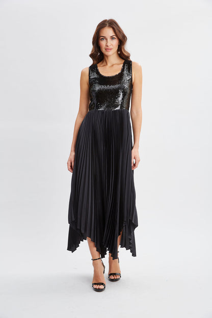 Women Sequin Bodice Pleated Dress Noir | Elie Tahari